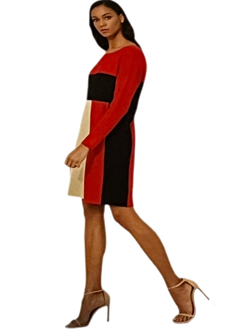 Carlisle Colorblock Long-Sleeve Knit Shift Dress in Red, Black & Tan - NWT